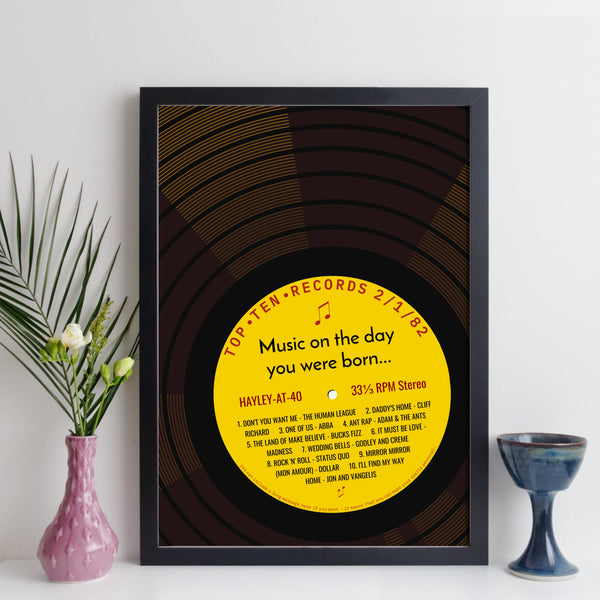 personalised top ten 40th birthday record print