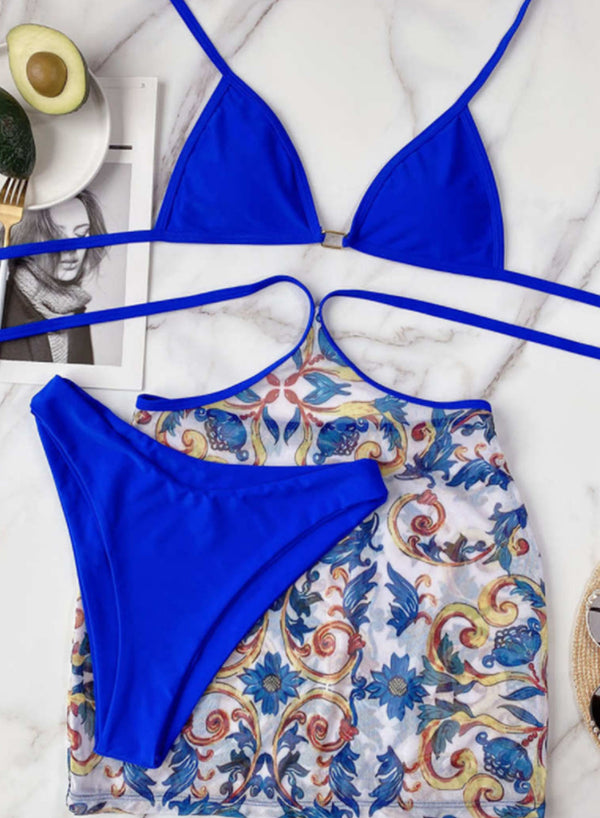 3pcs Self-tie Bikini Set with Floral Print Sarong