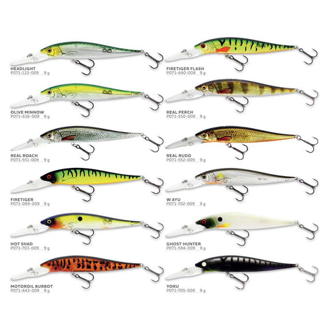 The image showcases a collection of Westin Jerkbite SR 9cm lures available in a vibrant array of 12 colors. These lures are meticulously designed with patterns and hues that replicate various prey fish, aiming to entice the target fish species for anglers.