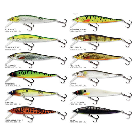 The image showcases a collection of Westin Jerkbite SR 9cm lures available in a vibrant array of 12 colors. These lures are meticulously designed with patterns and hues that replicate various prey fish, aiming to entice the target fish species for anglers.