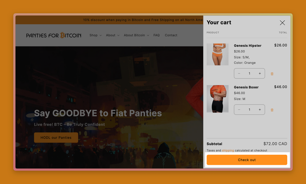 Screenshot of Panties for Bitcoin cart drawer