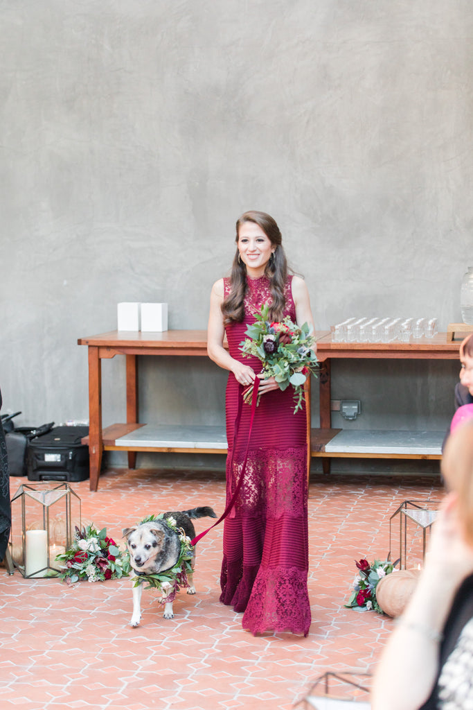 Fall Hotel Emma Wedding - San Antonio, Texas | Wedding Dog Walking Bridesmaid Down The Aisle