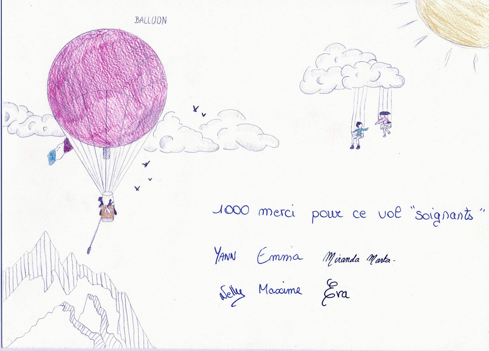 Vol en montgolfière pour les soignants dessin d'enfant