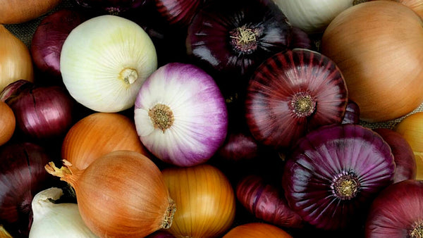 A pile of onions including red yellow and white onions