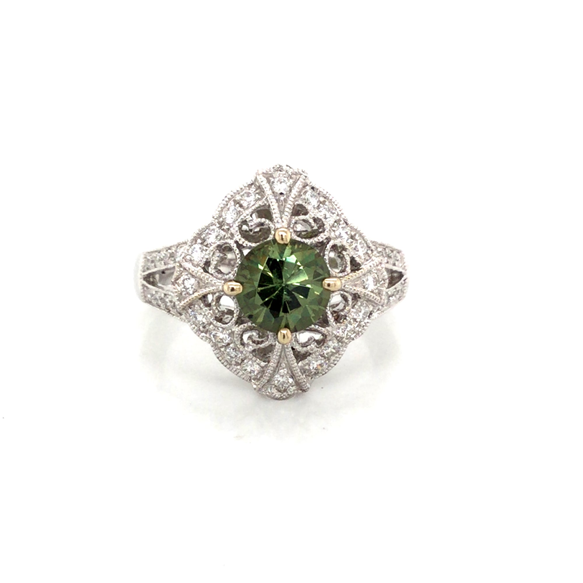 18K White Gold Diamond Vintage Style Ring With Round Diamonds & Green Tsavorite Garnet