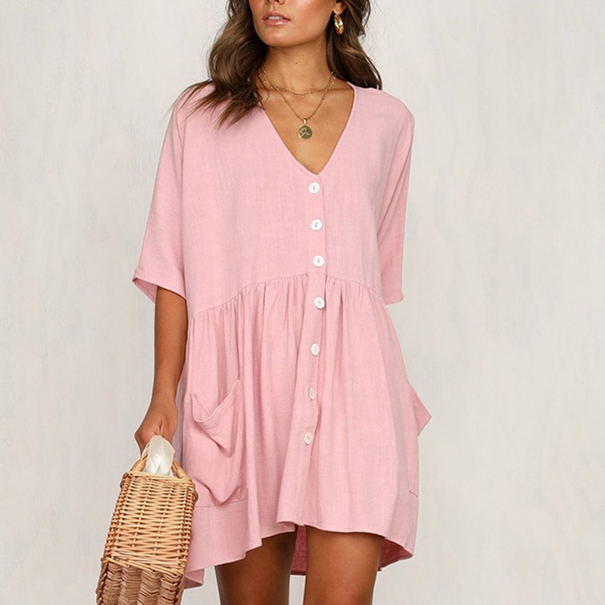 summer solid color casual loose pockets mini dress