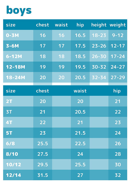 SwimZip Boy Size Chart