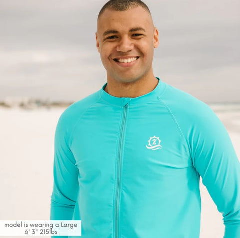 Man wearing long sleeve rash guard scuba blue