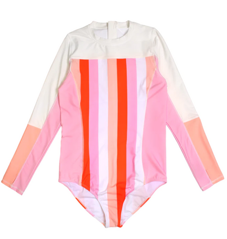 Peach Stripe Long-Sleeve Surf Suit