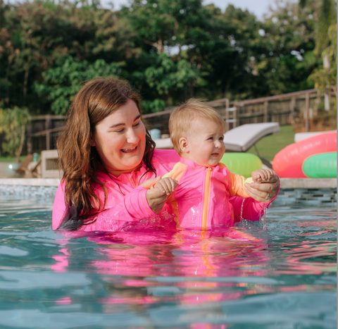 SwimZip Mom and Baby Neon swimsuit UPF 50+ sun protective swim shirt