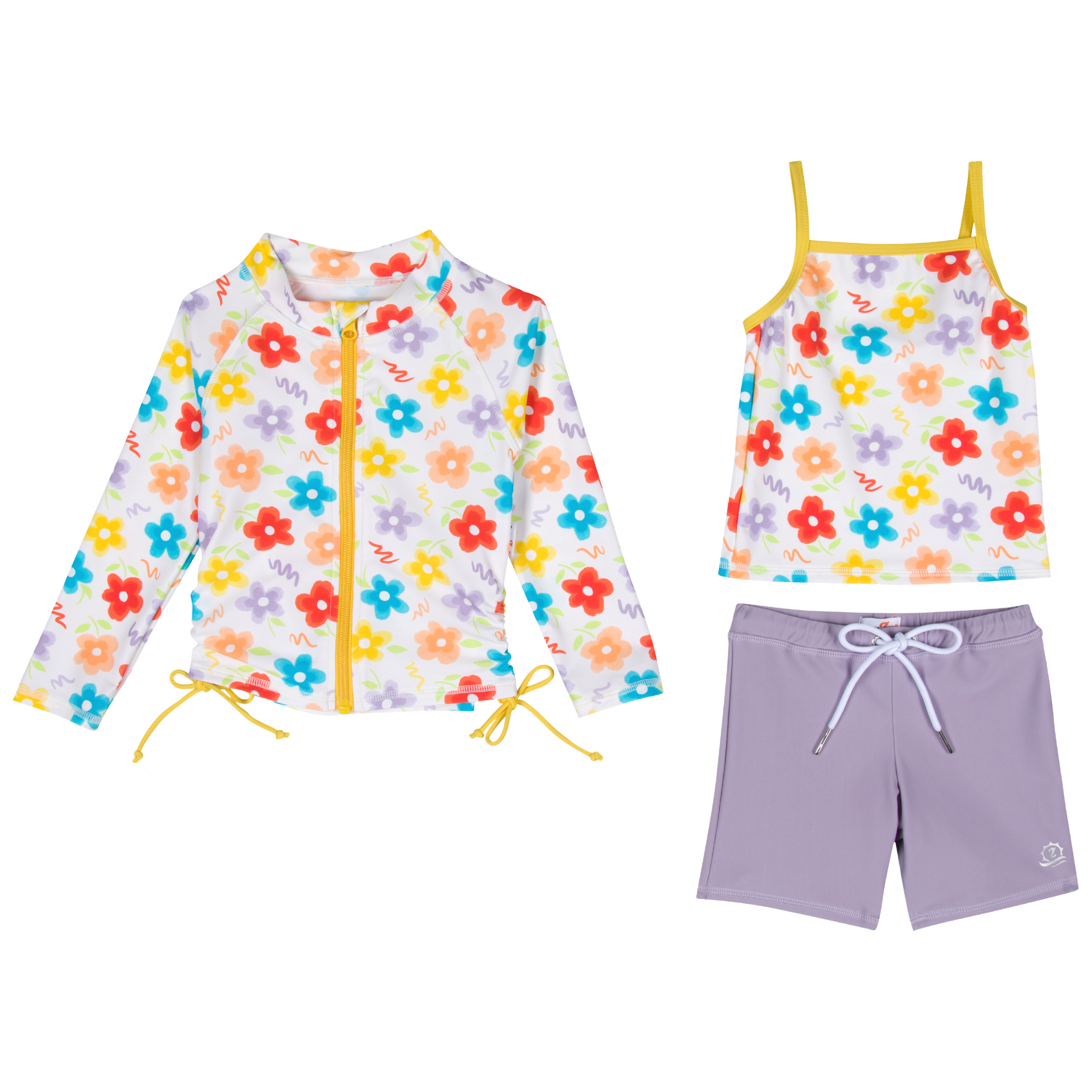 Girls Long Sleeve Rash Guard + Tankini Shorts Set (3 Piece) | "Blossom"