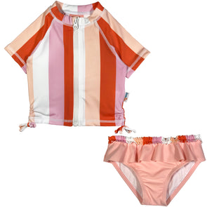 girl rash guard swimsuit set pink stripe swimzip zipper
