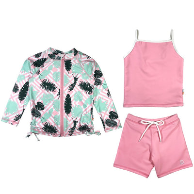 Girls Long Sleeve Rash Guard + Tankini Bikini Set (3 Piece)