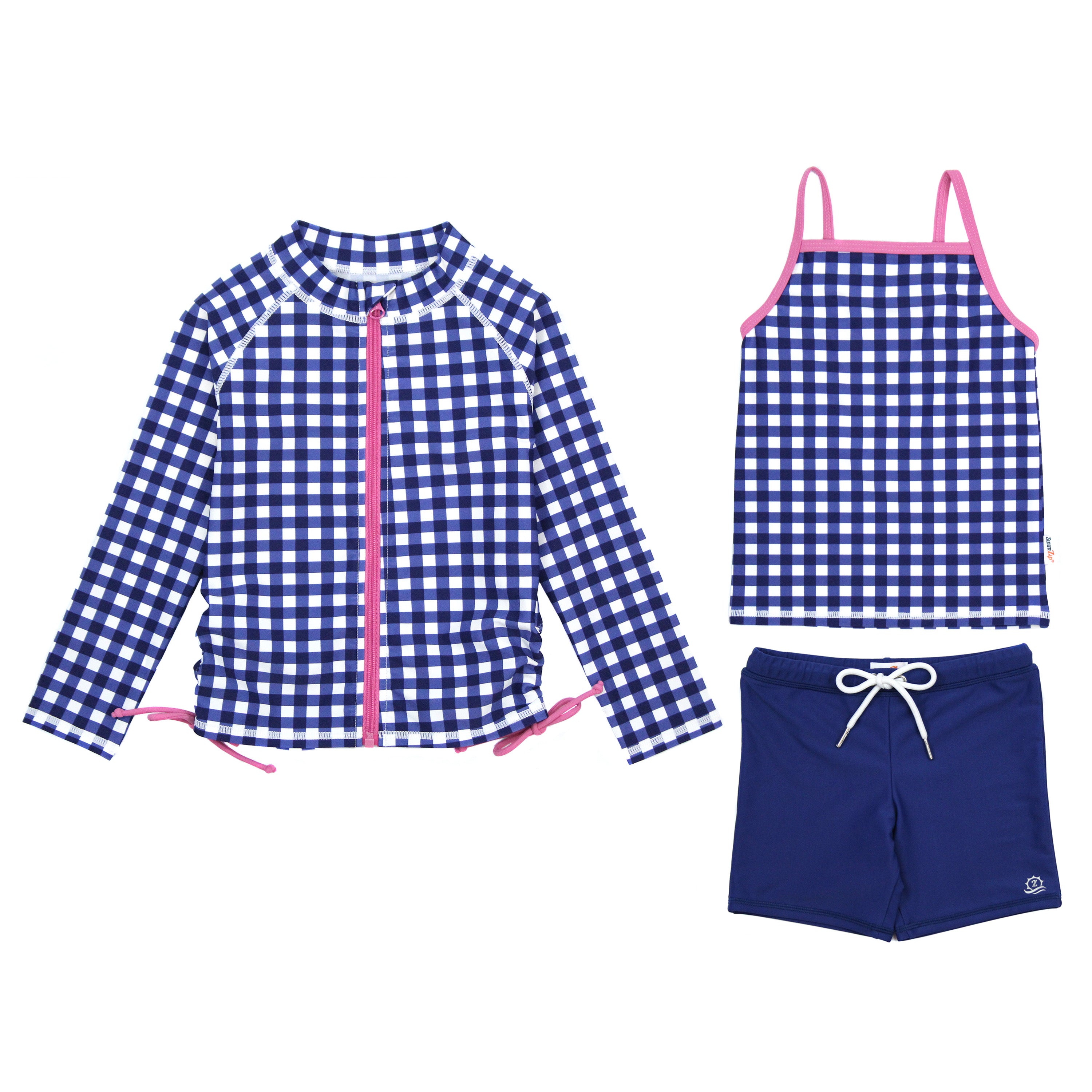 Girls Long Sleeve Rash Guard + Tankini Shorts Set (3 Piece) | "Navy Gingham"