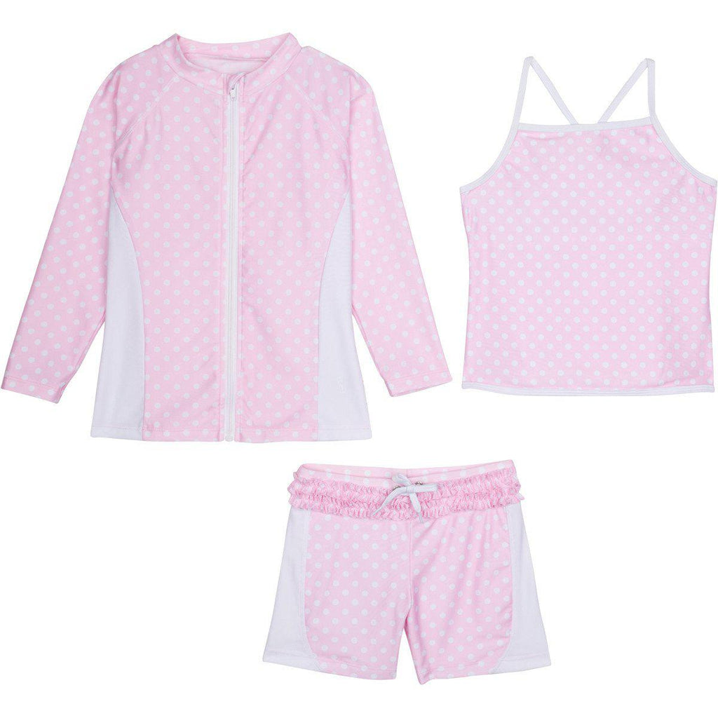 Girls Long Sleeve Rash Guard Swimsuit Set With Shorts Pink Polka Dot 