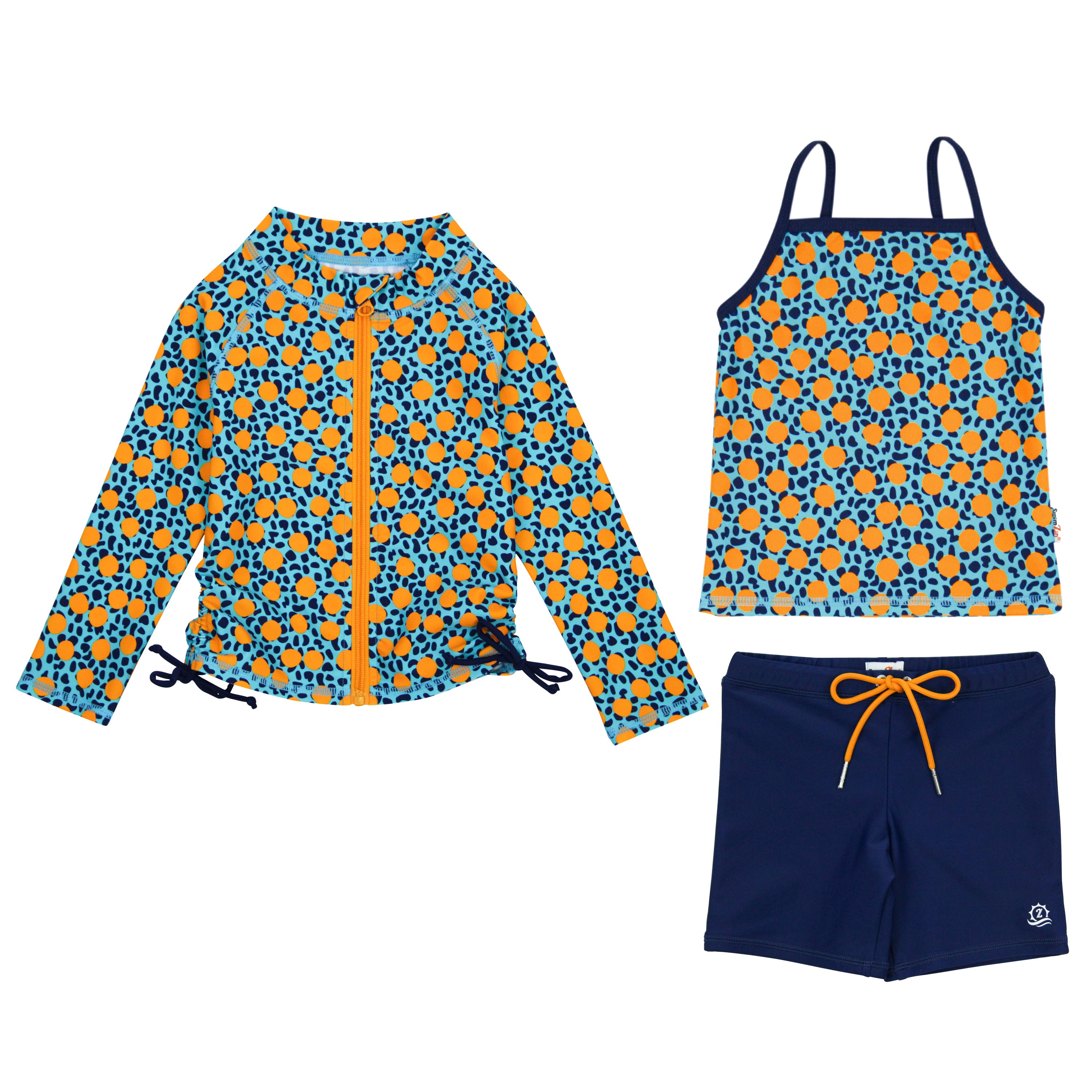 Girls Long Sleeve Rash Guard + Tankini Shorts Set (3 Piece) | "Geo Party"