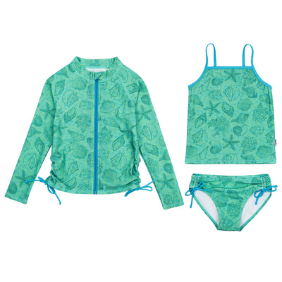 Girls Long Sleeve Rash Guard + Tankini Bikini Set (3 Piece)