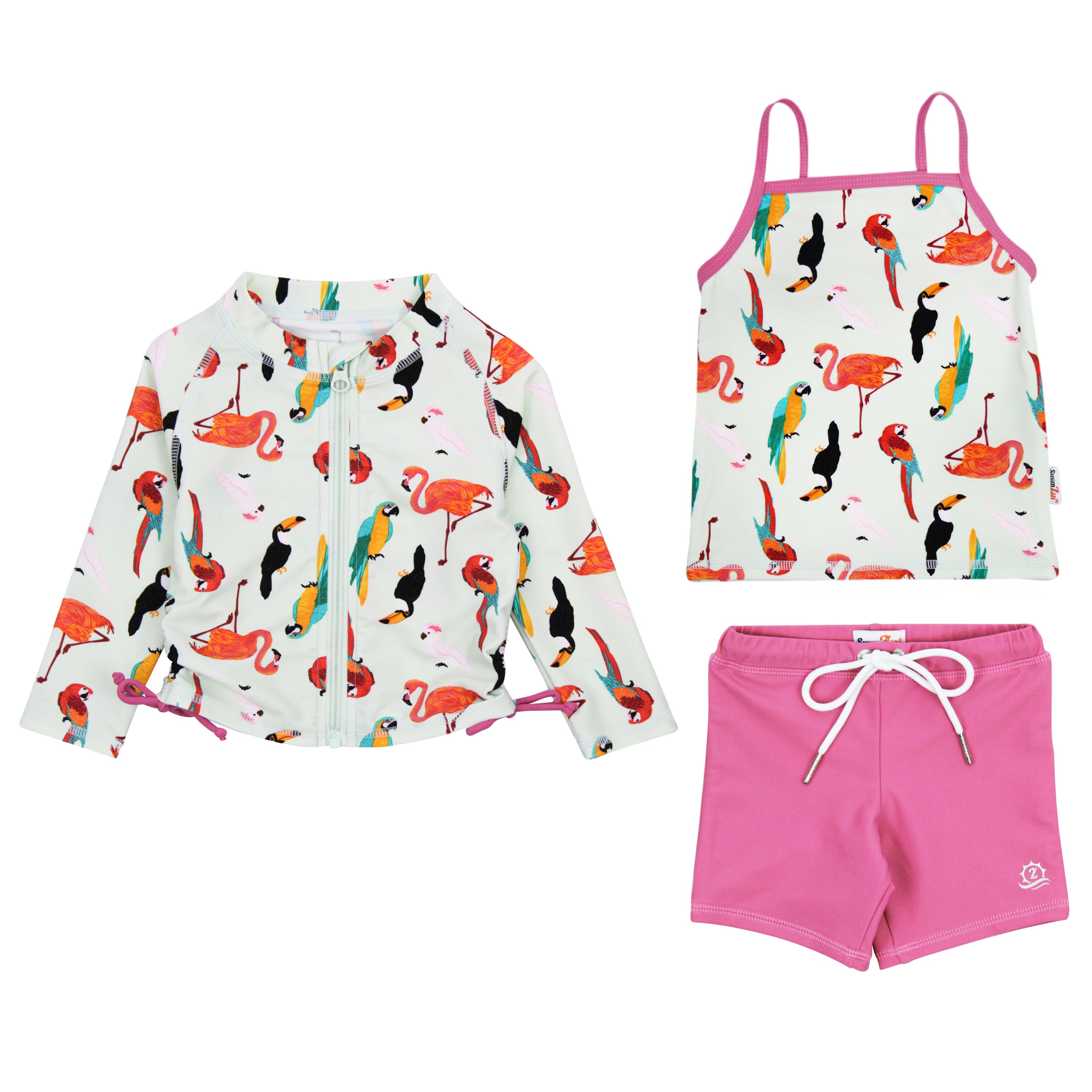 Girls Long Sleeve Rash Guard + Tankini Shorts Set (3 Piece) | "Tropical Birds"