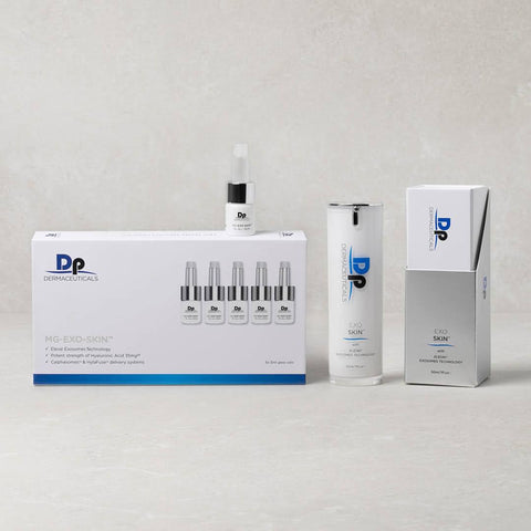 Packaging of DP Dermaceuticals MG-EXO-SKIN set with multiple exosome skin booster serums in a clean, clinical setup, suggesting advanced skincare technology