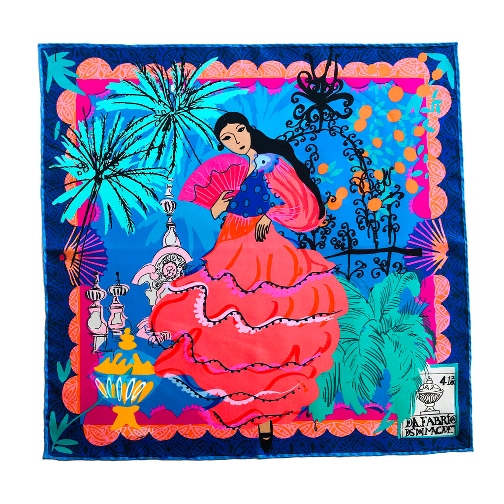 Crimson Rose Ibiza silk scarf featuring drawing of flamenco dancer in the Parque de María Luisa in Seville by Crimson Rose O'Shea.