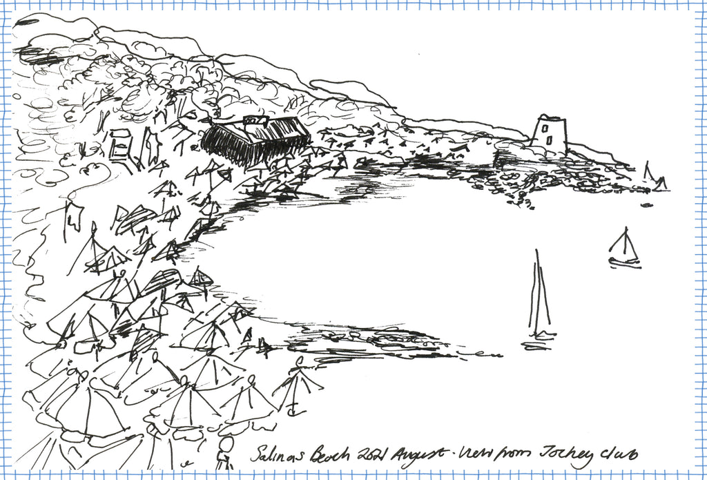 Drawing by Crimson Rose O'Shea of Salinas beach from Jockey Club in Ibiza