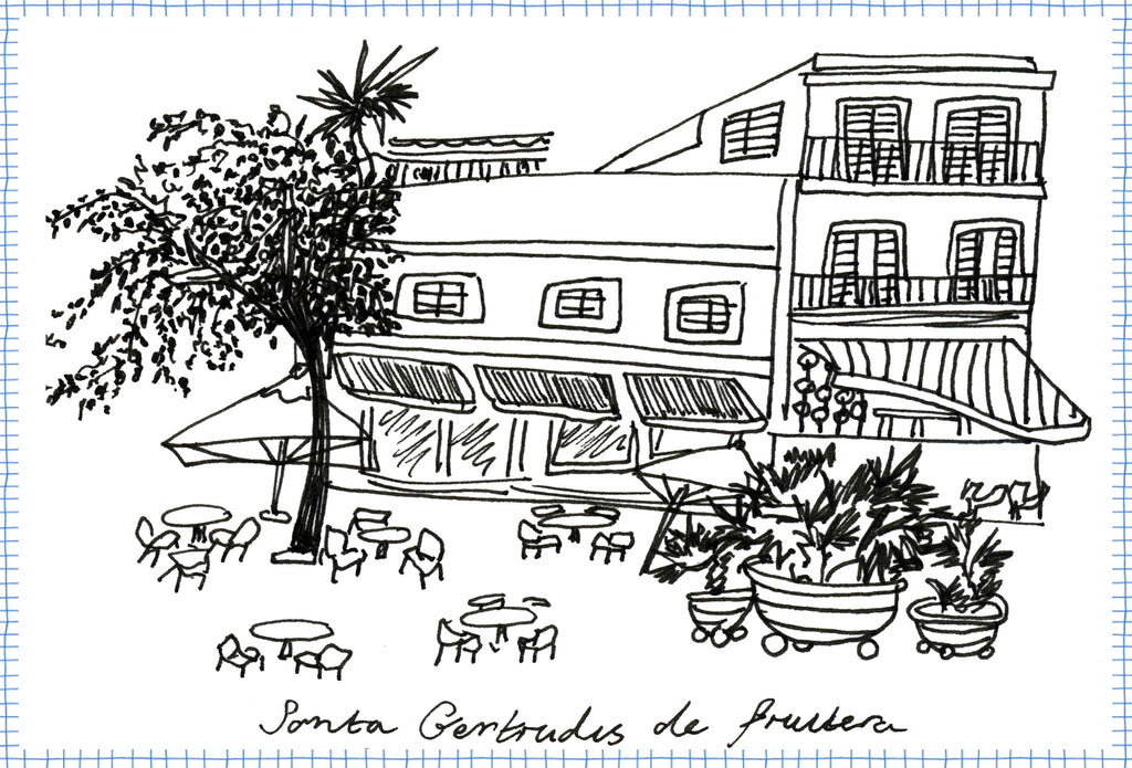 Drawing by Crimson Rose O'Shea of Santa Gertrudis de Fruitera square in Ibiza.