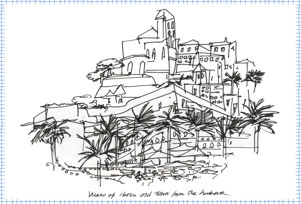 Drawing by Crimson Rose O'Shea of the old town from the marina in Ibiza town.