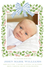 Blue Stripe Bow Border - Portrait Christmas Card