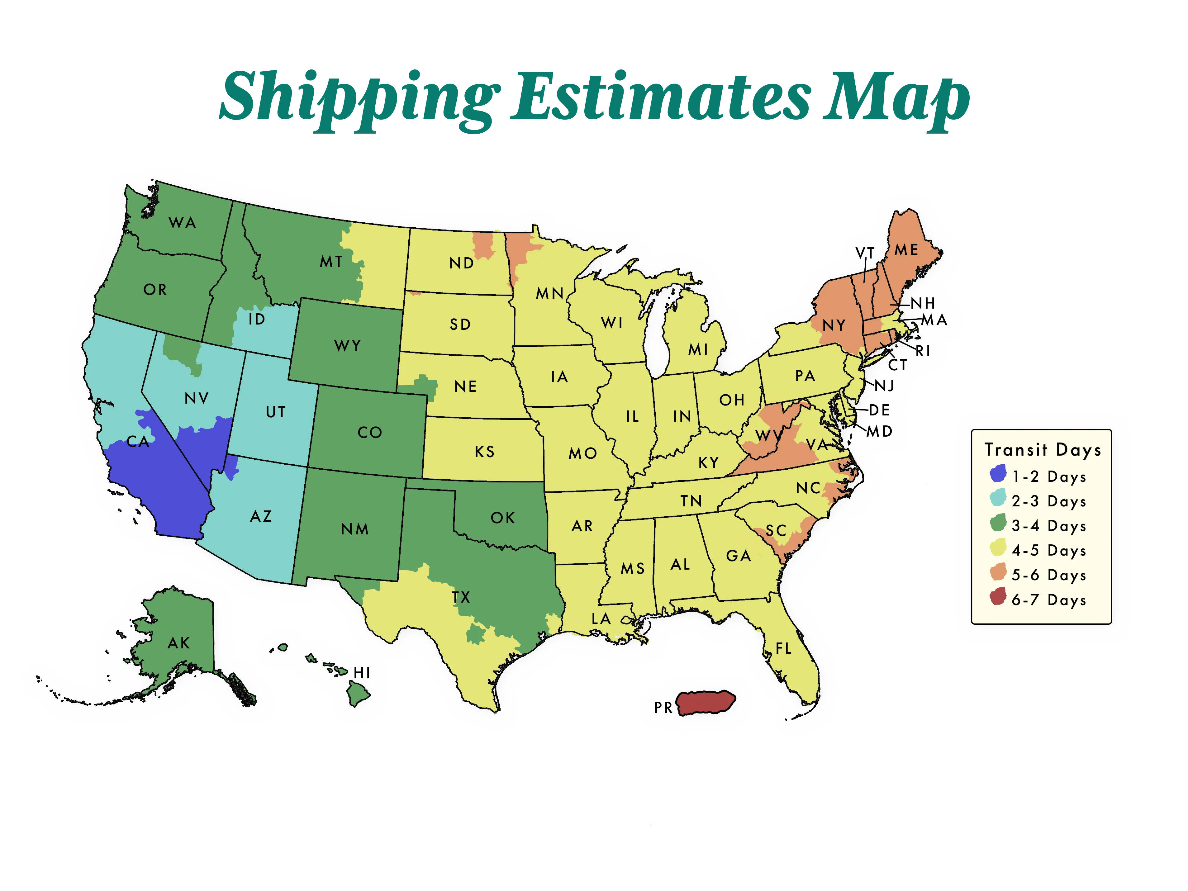 Multicolored map of the United States showing shipping estimates. Plain text estimates are listed in the table below.