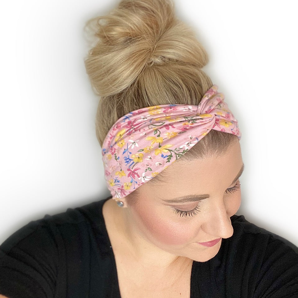 Turban Headband for Women.  Blush Pink with a floral print.