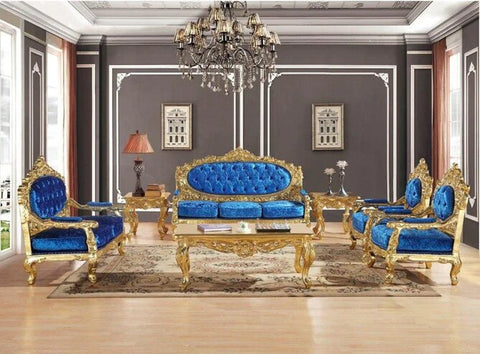 Blue Velvet Royal Antique Gold Carved Sofa Set