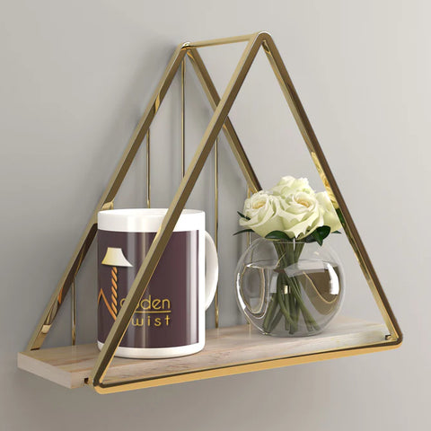 Triangle Metallic Twist Solid Wood Iron Storage Shelf (Golden )