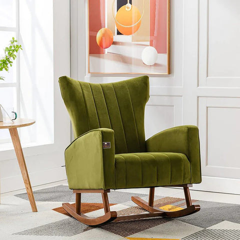 Wooden Velvet Accent Rocking Chair (Green)