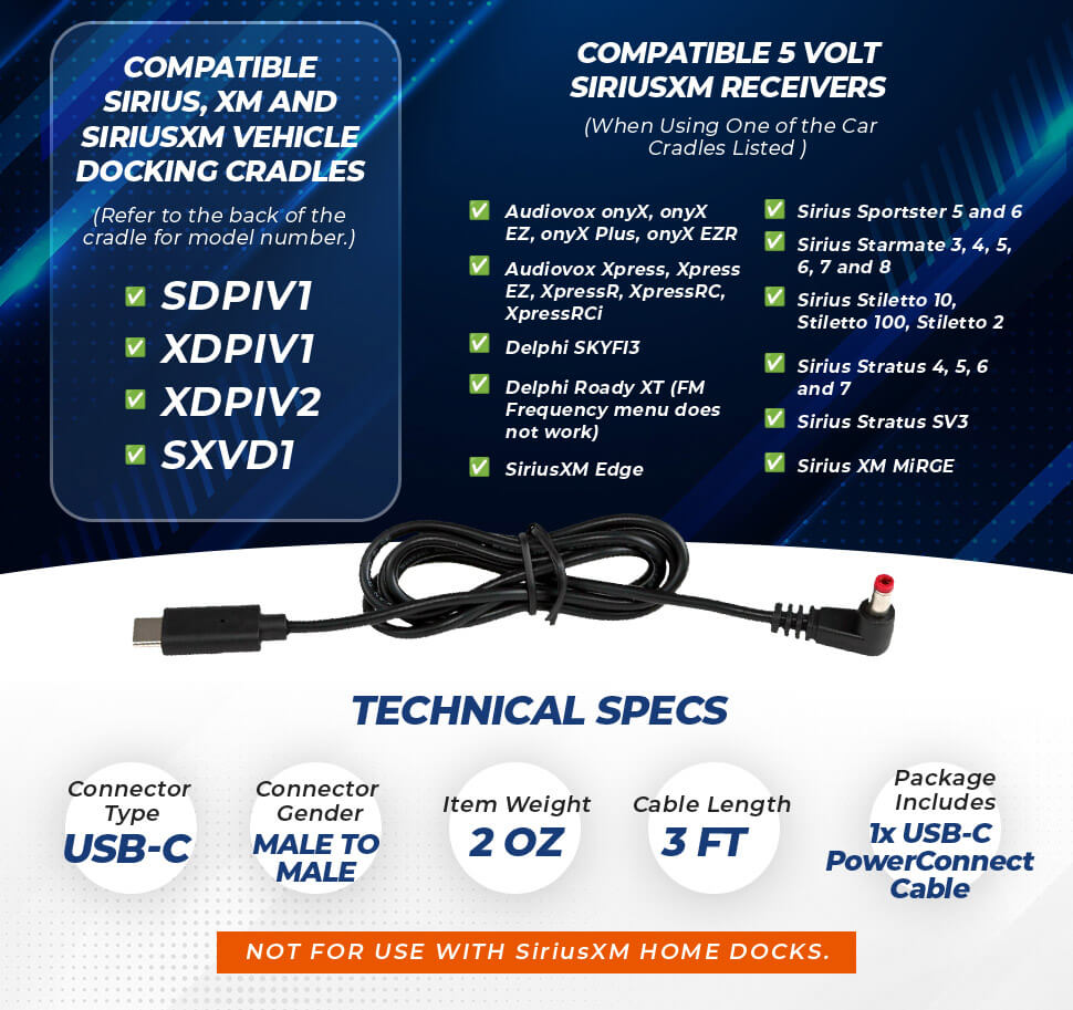 SiriusXM Satellite Radio Dock n Play USB C Power Cable