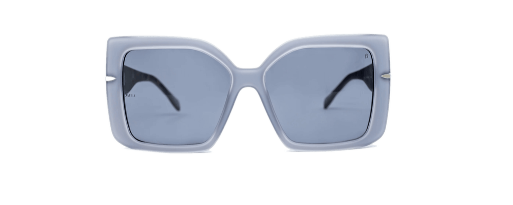 Large square sunglasses with blue lenses