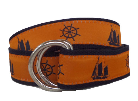 Nautical Navy Anchor and Red Seersucker Fabric D-Ring Belt