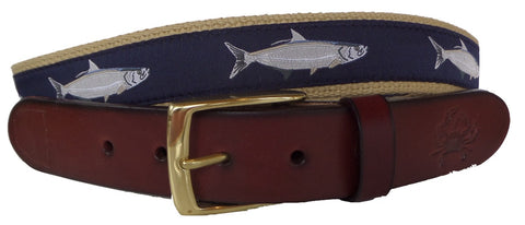 No27 Mens Nautical Striped Bass Fish Leather Style Belt, Ribbon