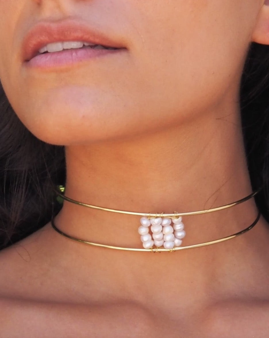 Double-Hoop Gold Pearl Choker by Olivia & Cloe