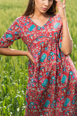Sootisyahi 'Scarlet-Bee-Balm' Azofree Handblock Printed Pure Cotton Dress - SootiSyahi