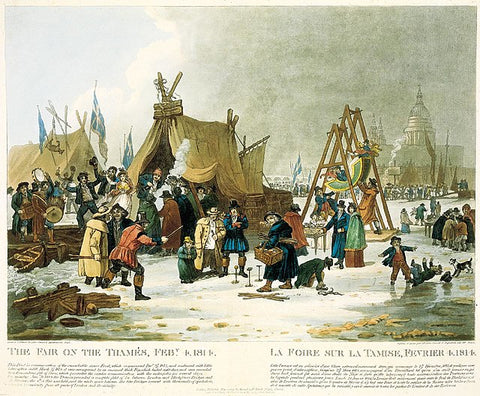 Die Frostmesse von 1814 am Fluss Thames in London Gemälde von Luke Clenell mit dem Titel The Fair on the Thames, 4. Februar 1814