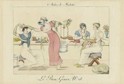Engraving of women at hat shop, 1817
