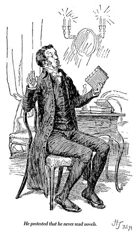 Mr Collins rejecting a novel as inappropriate reading matter, Pride and Prejudice. Artist: Hugh Thomson