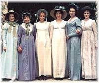 Female cast members, from left: Mrs. Elton, Miss Bates, Harriet Smith, Emma Woodhouse, Jane Fairfax, Mrs. Weston.