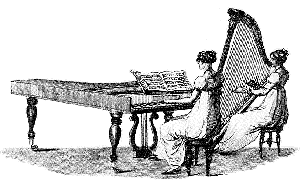 Zwei Damen sitzen in Pianoforte und Harfe