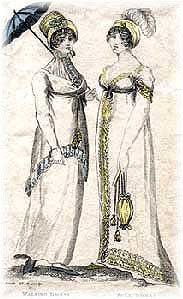 British Fashion Plate of White Walking Dress and White Full Dress or Evening Dress