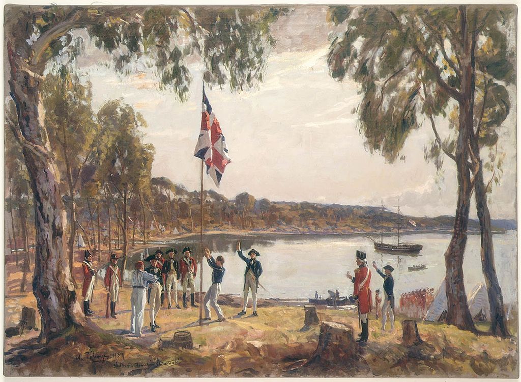 Gouverneur Arthur Phillip hisst 1788 die britische Flagge über der neuen Kolonie in Sydney.