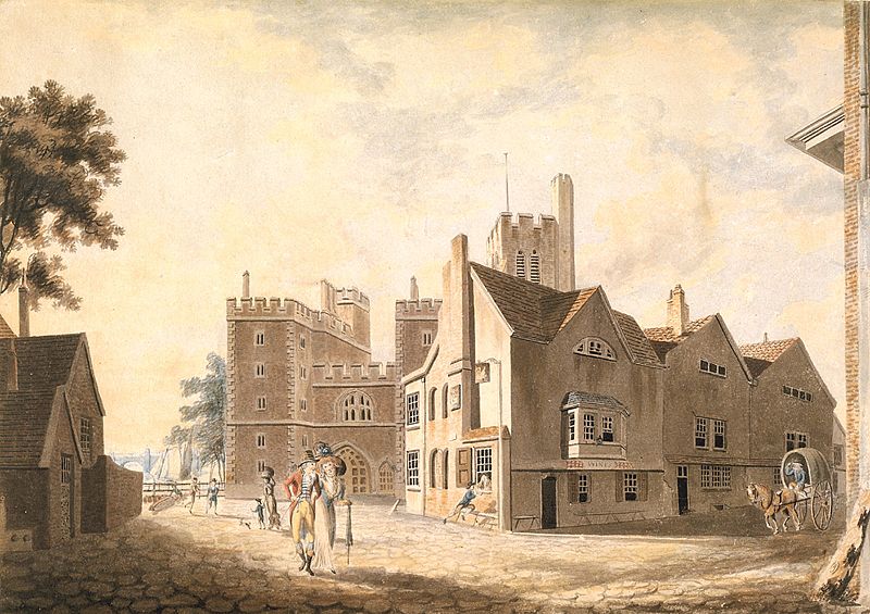 A View of the Archbishop's Palace, Lambeth Description  This watercolour was Turner's first to be accepted for the Royal Academy's annual exhibition in April 1790, the month he turned fifteen. The watercolour showcases Turner's progress in mastering perspective, showing several buildings at dramatically different angles. (1790)