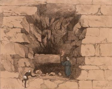 The forced entrance to Chephren's (Khafra's) Pyramid Engraving after a drawing by Giovanni Belzoni, 1820.