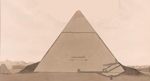 De originele en geforceerde passages in Chephren's Pyramid Gravure door Charles Hullmandel na een tekening van Giovanni Belzoni, 1820.