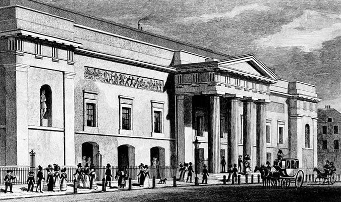 The rebuilt Covent Garden Theatre (later renamed the Royal Opera House) in 1828; Grimaldi started a long collaboration with the theatre in 1806.